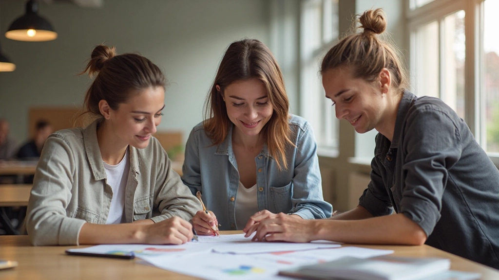 Diverse groep deelnemers in workshop setting met notitieblokken en laptops, samen leren en groeien