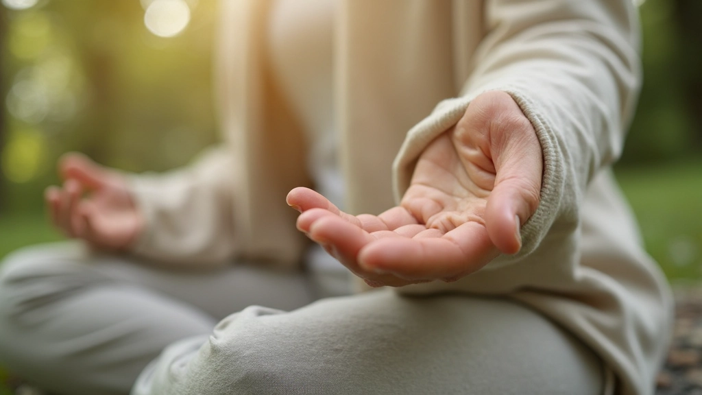 Close-up van handen in meditatiehouding met natuurlijke achtergrond