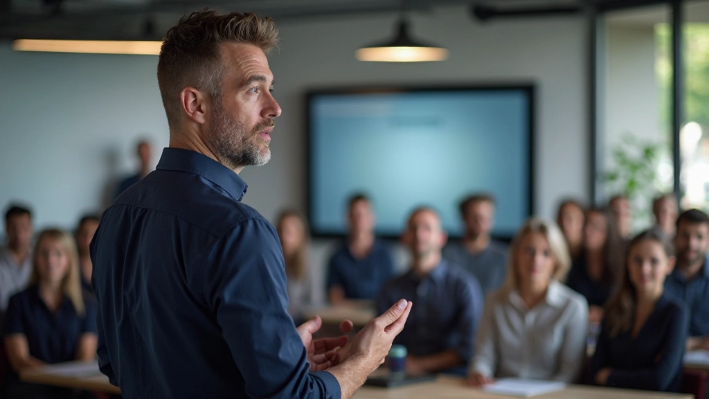 Instructeur demonstreert emotionele intelligentie technieken in interactieve workshop