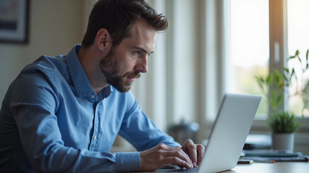Man zit aan bureau in modern kantoor, volledig gekleed in blauw overhemd, bestudeert grafieken op laptop met geconcentreerde uitdrukking, natuurlijk raam licht van rechts, wazig achtergrond, GEEN tekst, GEEN watermerken