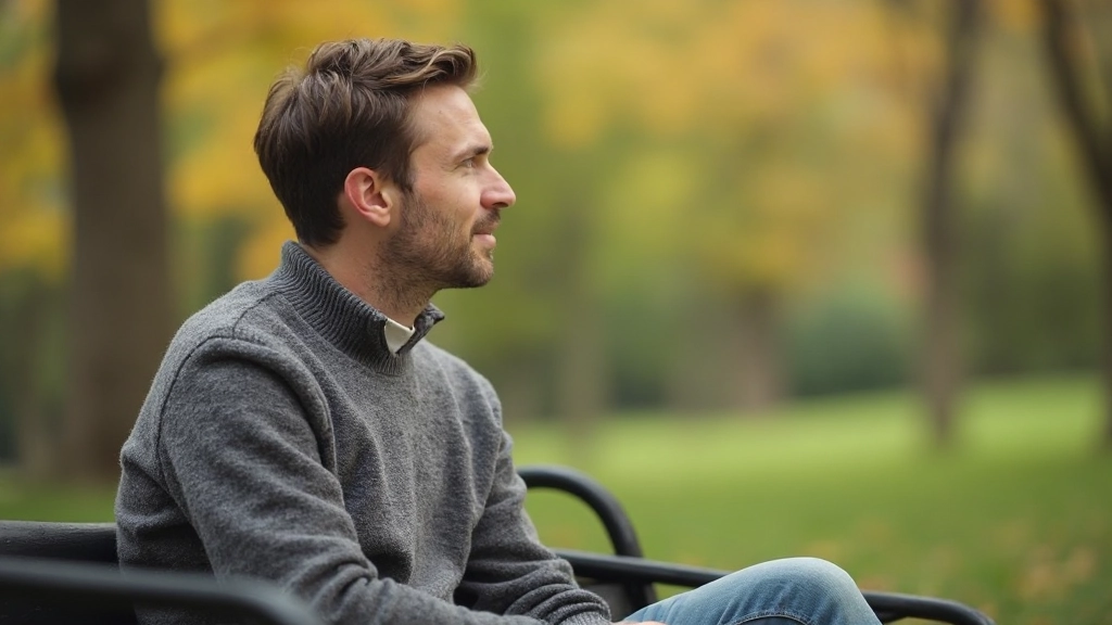 Man zit buiten op bankje in park, volledig gekleed in casual sweater, kijkt naar uitzicht met vredige uitdrukking, zachte daglicht, wazig achtergrond met bomen, GEEN tekst, GEEN watermerken