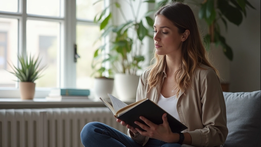 Professional foto van vrouw die aan persoonlijke groei en transformatie werkt in moderne kantooromgeving met natuurlijk licht