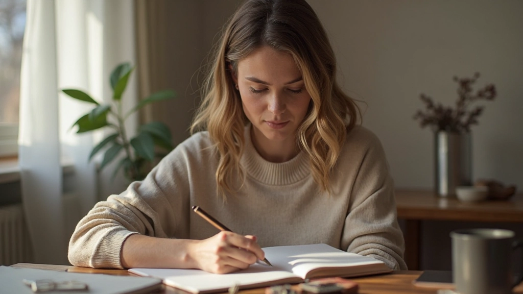 Persoon die gericht oefent met notities en reflectie, zittend in een vredige omgeving