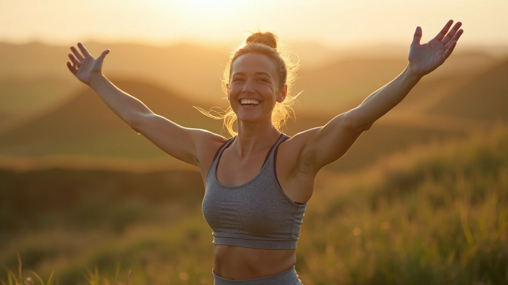 Succesvolle persoon op top van berg met armen uitgestrekt, symbool van persoonlijke transformatie en bereikt potentieel