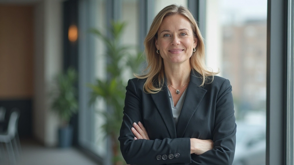 Vrouw staat voor grote raam in kantoor, volledig gekleed in formele blazer, kijkt vol vertrouwen naar buiten, professioneel kantoorlicht, wazig achtergrond, GEEN tekst, GEEN watermerken